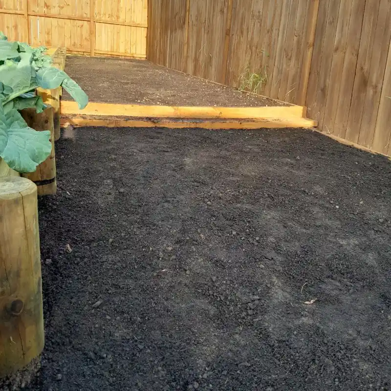 New topsoil spread and levelled ready for seed, timber edging round it and broccoli growing in the raised bed alongside