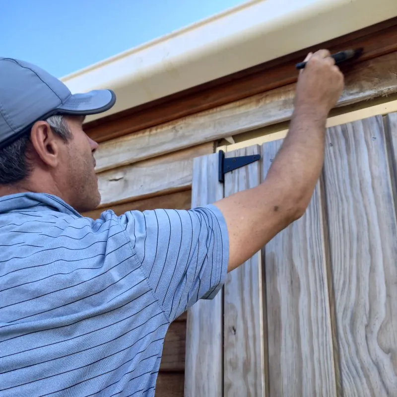 Me staining the top of the shed wall, with the raw grey timber of the shed door right beside the stained boards